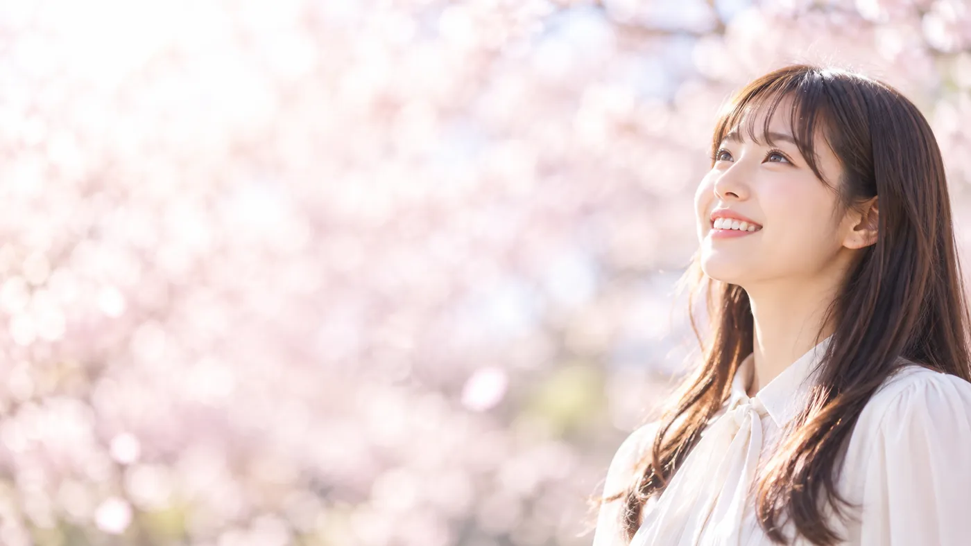 桜の下で空を見上げる女性