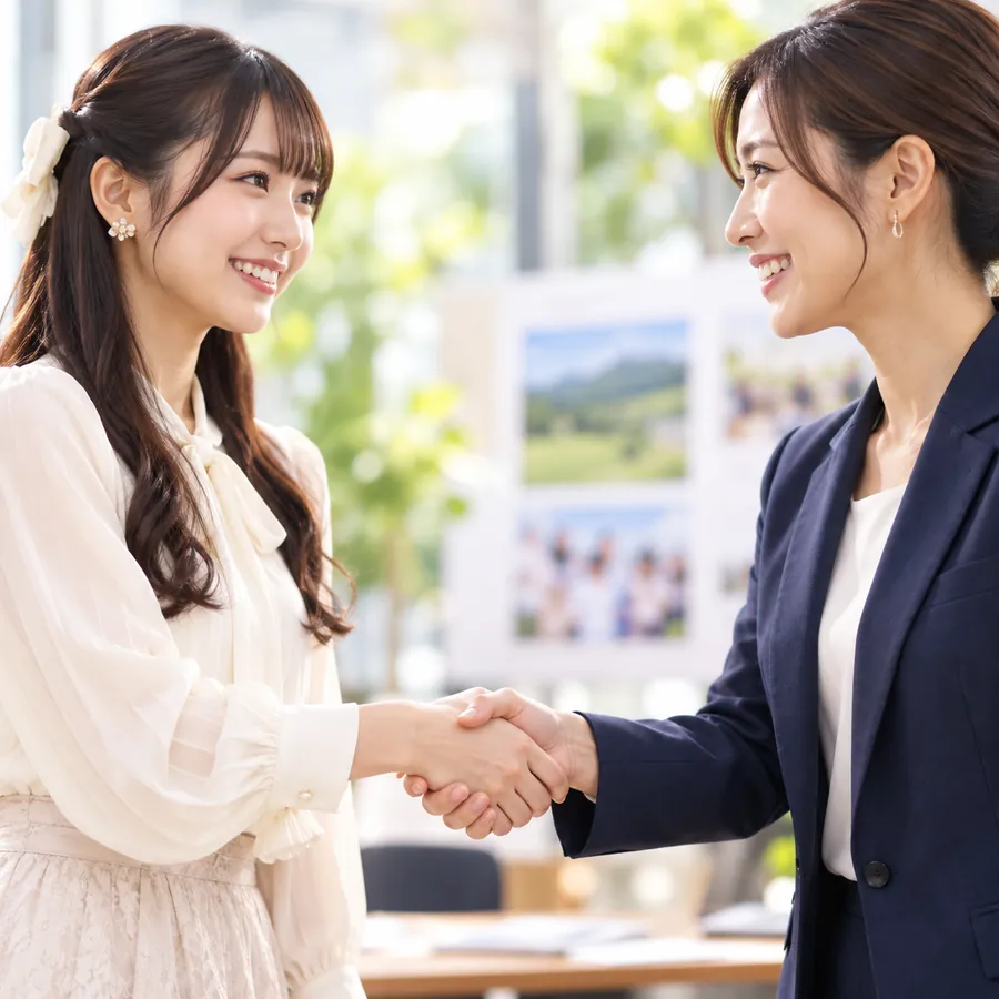 企業の担当者と握手するメンバー