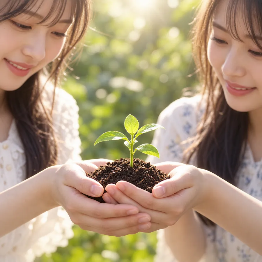 若葉の芽生えた土を手に包むメンバー